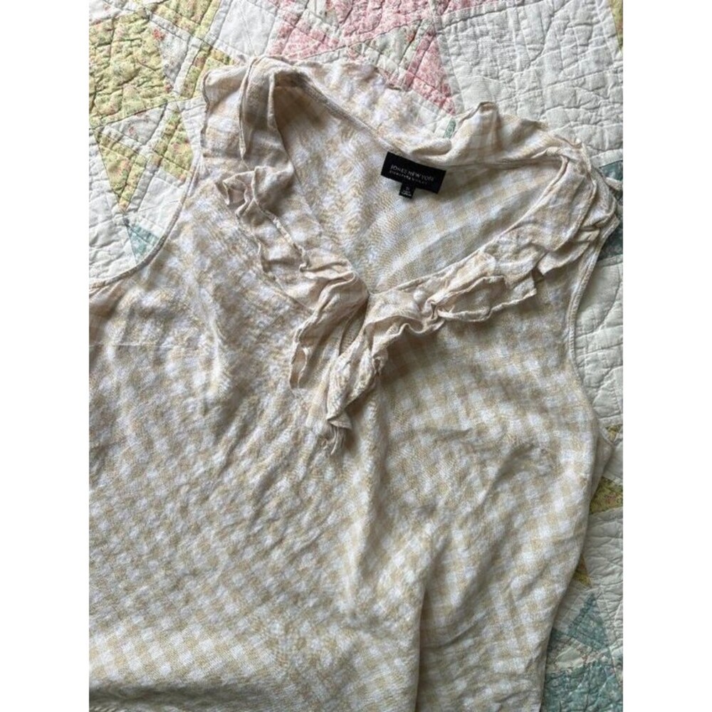 100% Linen Gingham Check Tank Top Blouse 3X Plus Size Beige Cream Ruffle